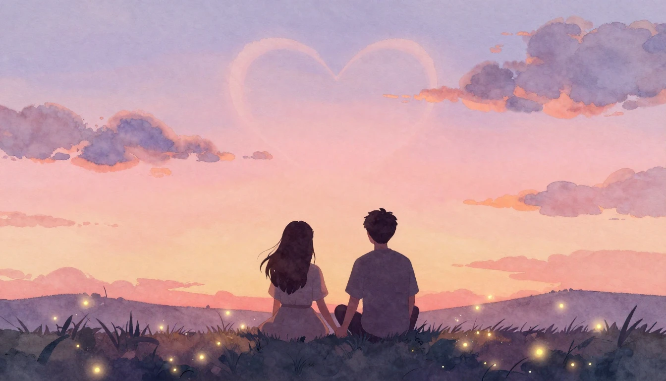 A soft and dreamy watercolor illustration depicting two silh...