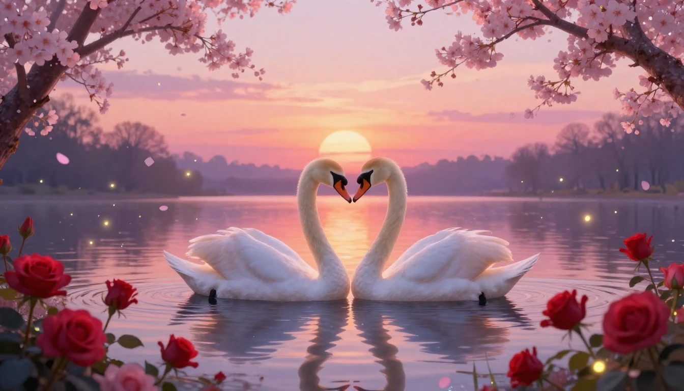 A romantic and dreamlike landscape painting featuring two wh...