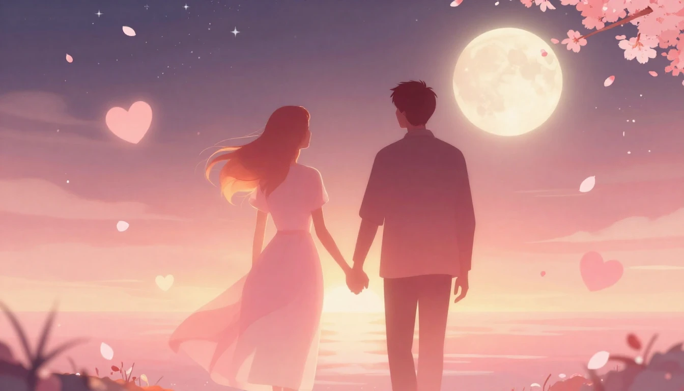 A romantic and soft illustration depicting two abstract silh...