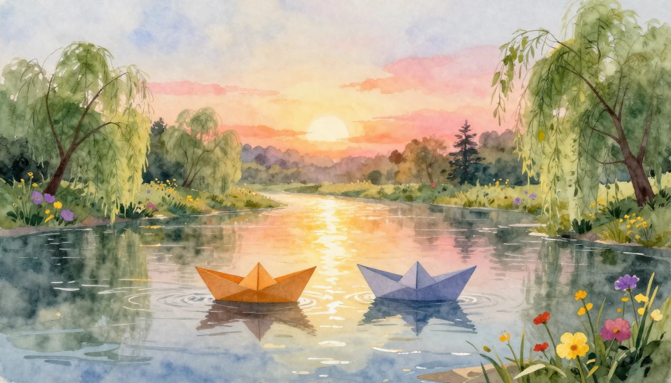 A soft and dreamy watercolor painting depicting two stylized...