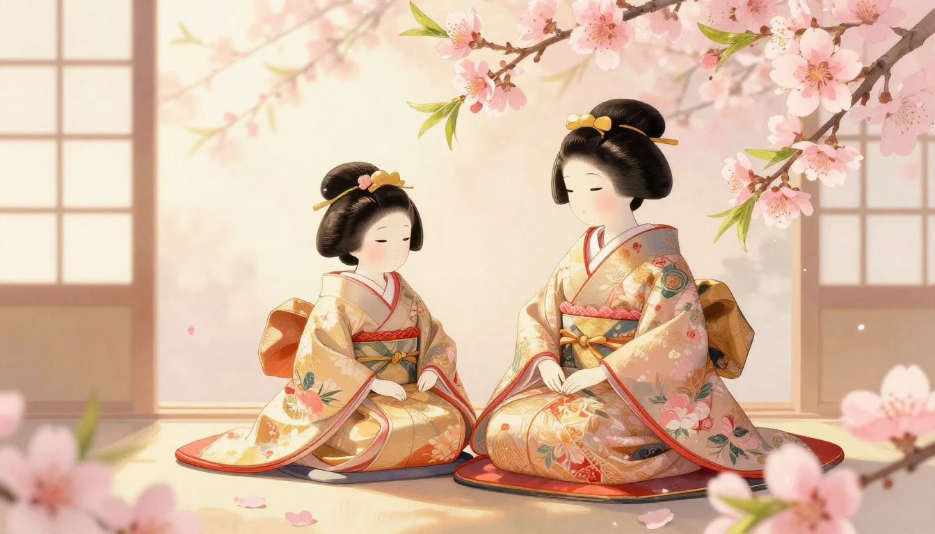 A delicate and dreamy illustration for Hinamatsuri. In the c...