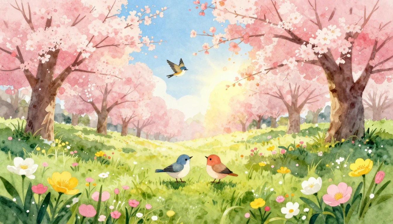 A beautiful and gentle watercolor painting of a bright sprin...