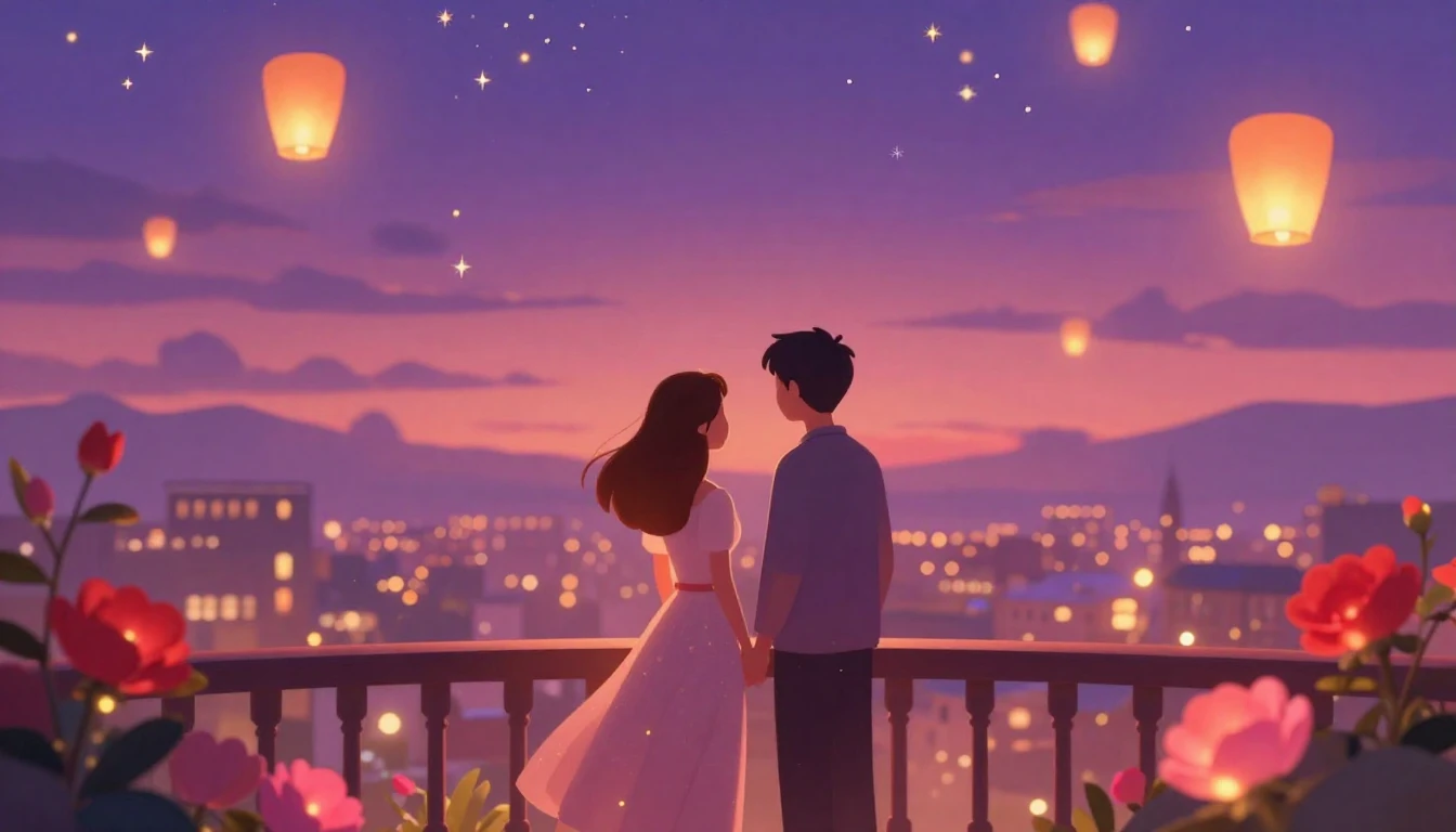 A romantic and ethereal digital art scene featuring two styl...