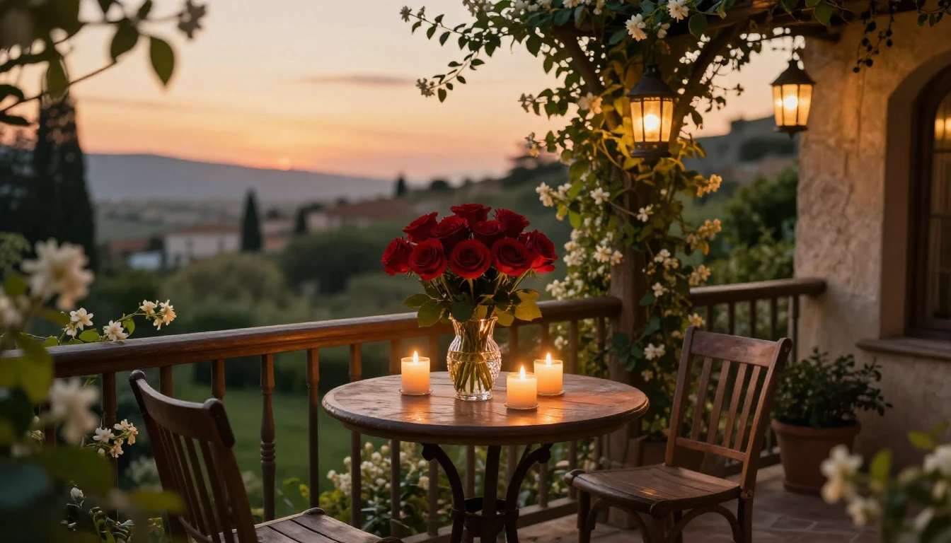 A breathtakingly romantic scene at sunset, featuring a cozy ...