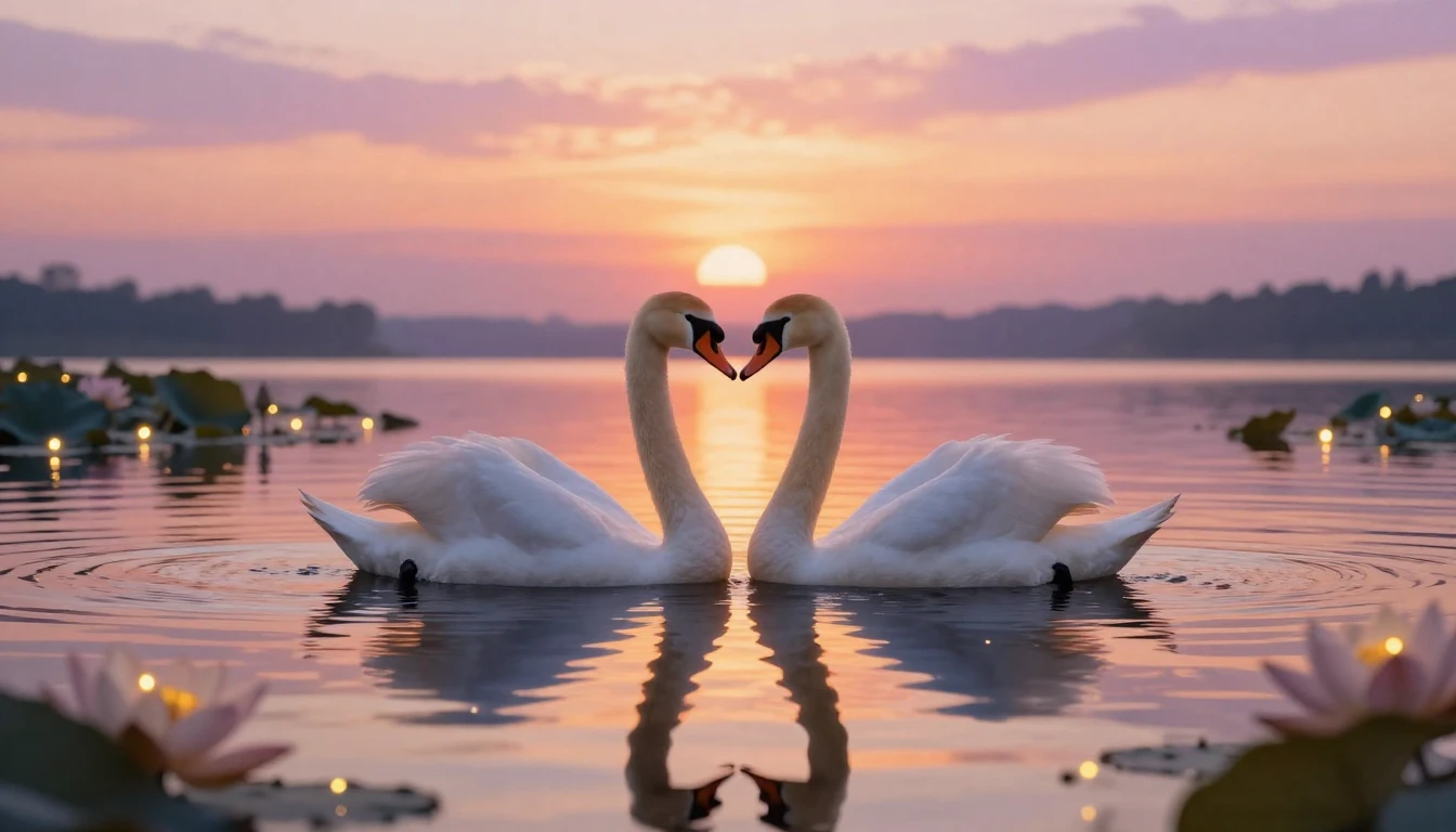 A beautiful and heartwarming scene of two elegant swans swim...