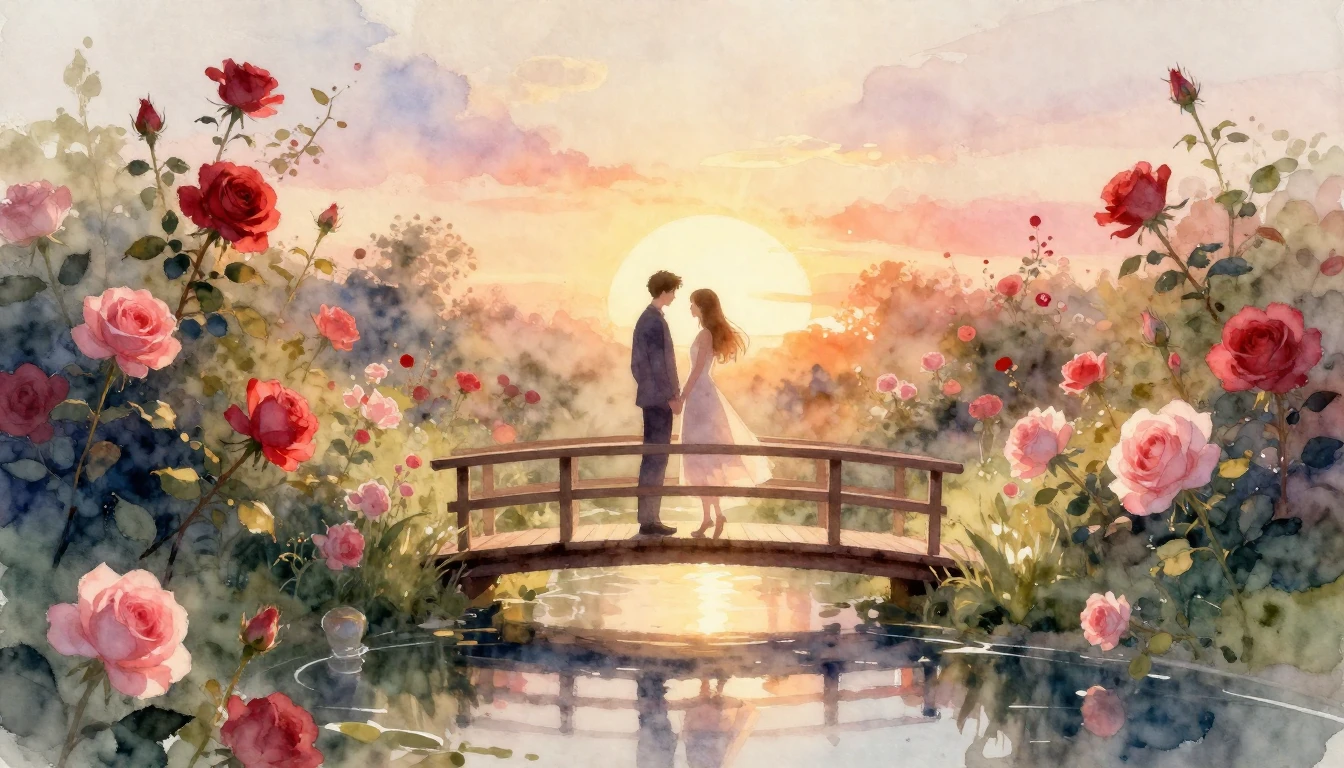 A dreamlike and romantic scene in a soft watercolor style. T...