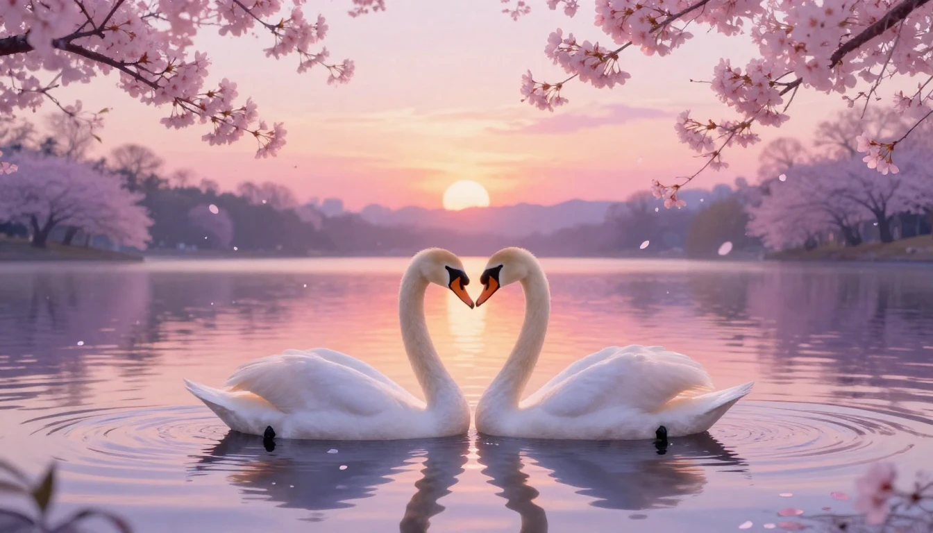 A romantic and dreamy composition featuring two graceful whi...