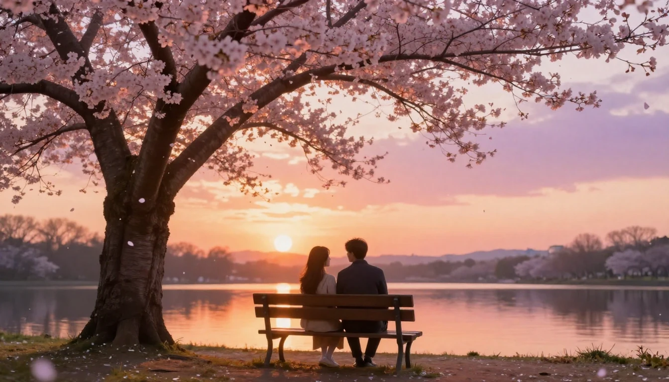 A romantic and dreamlike scene of two lovers sitting on a wo...