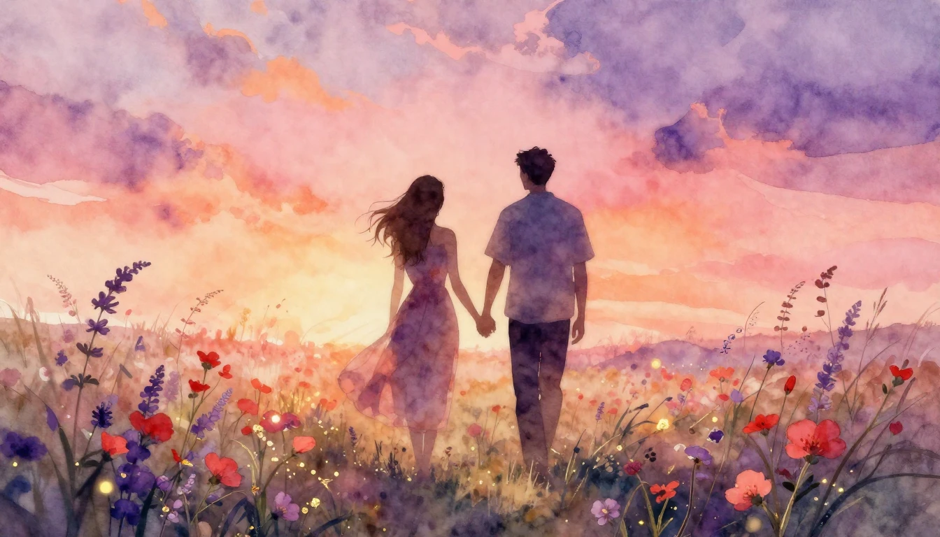 A dreamy and romantic watercolor painting of two silhouettes...