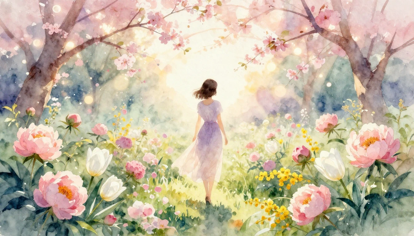 A delicate and romantic watercolor painting depicting a lush...