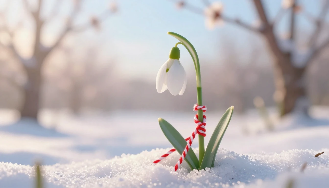 A delicate white snowdrop flower emerging from a patch of me...