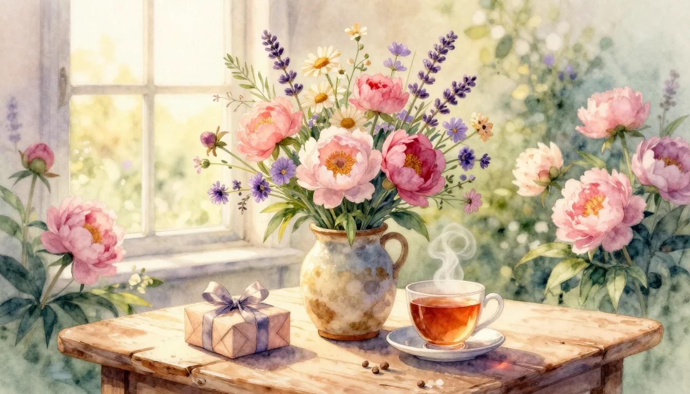 A beautiful and cozy watercolor illustration of a vibrant bo...