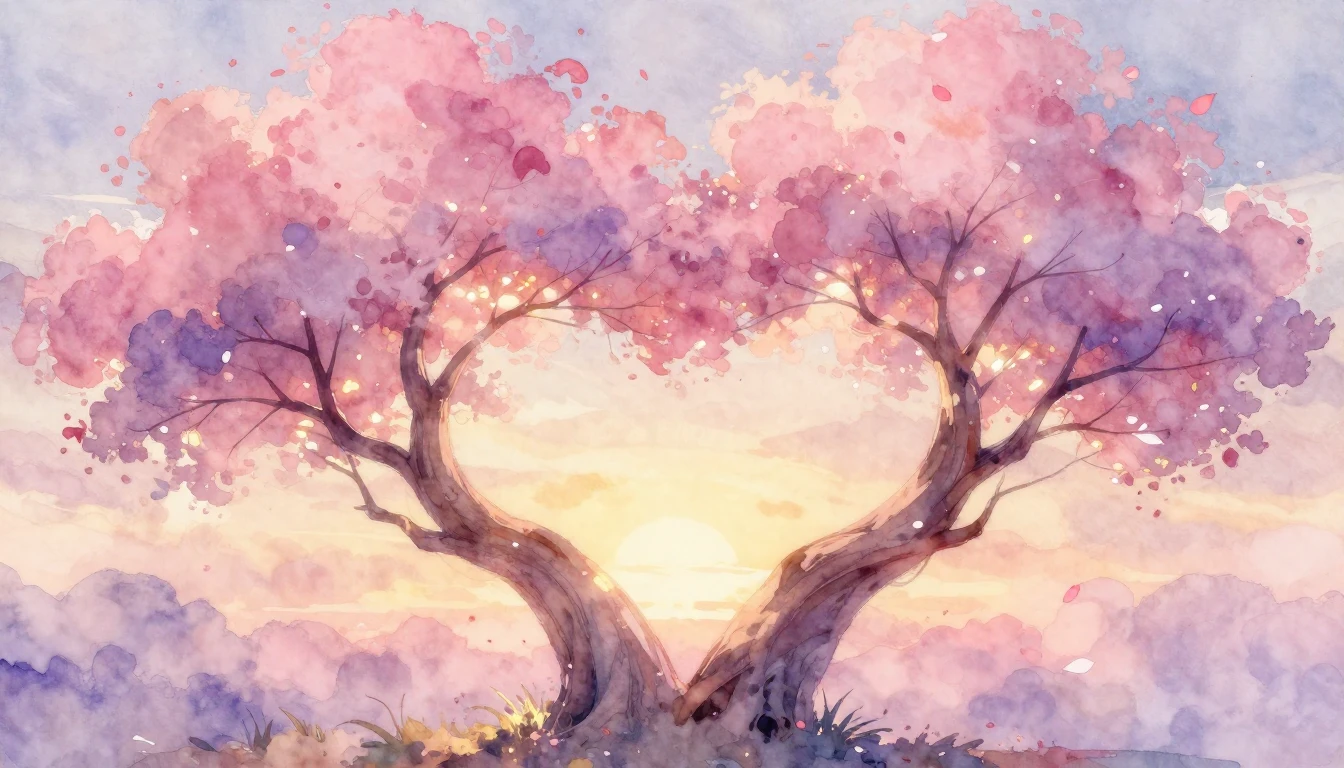 A romantic and dreamy watercolor painting depicting two inte...