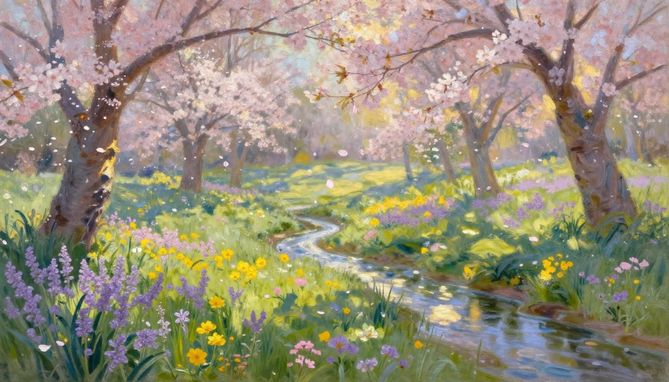 An impressionist painting depicting a lush meadow awakening ...
