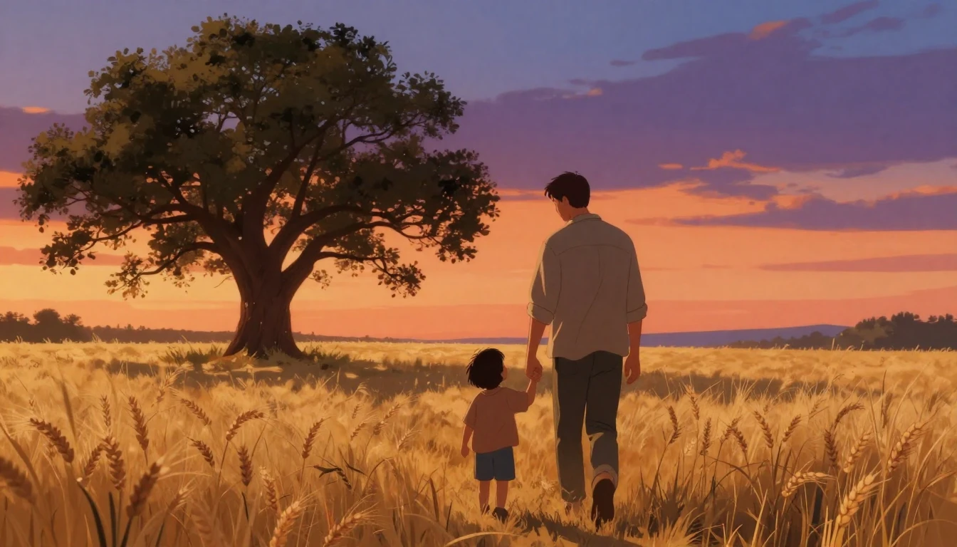A heartwarming illustration of a father figure walking hand ...