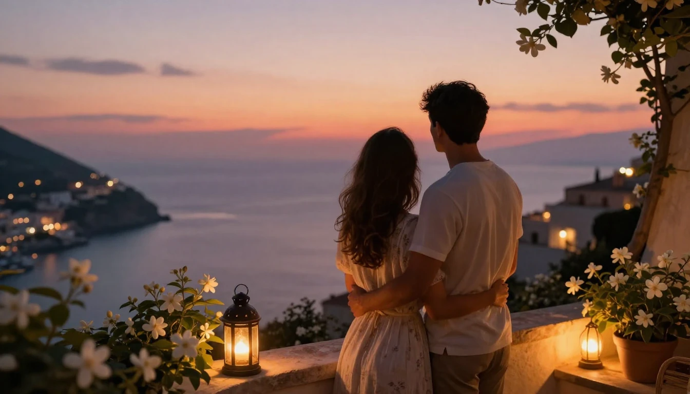 A romantic and intimate scene of a couple standing on a balc...