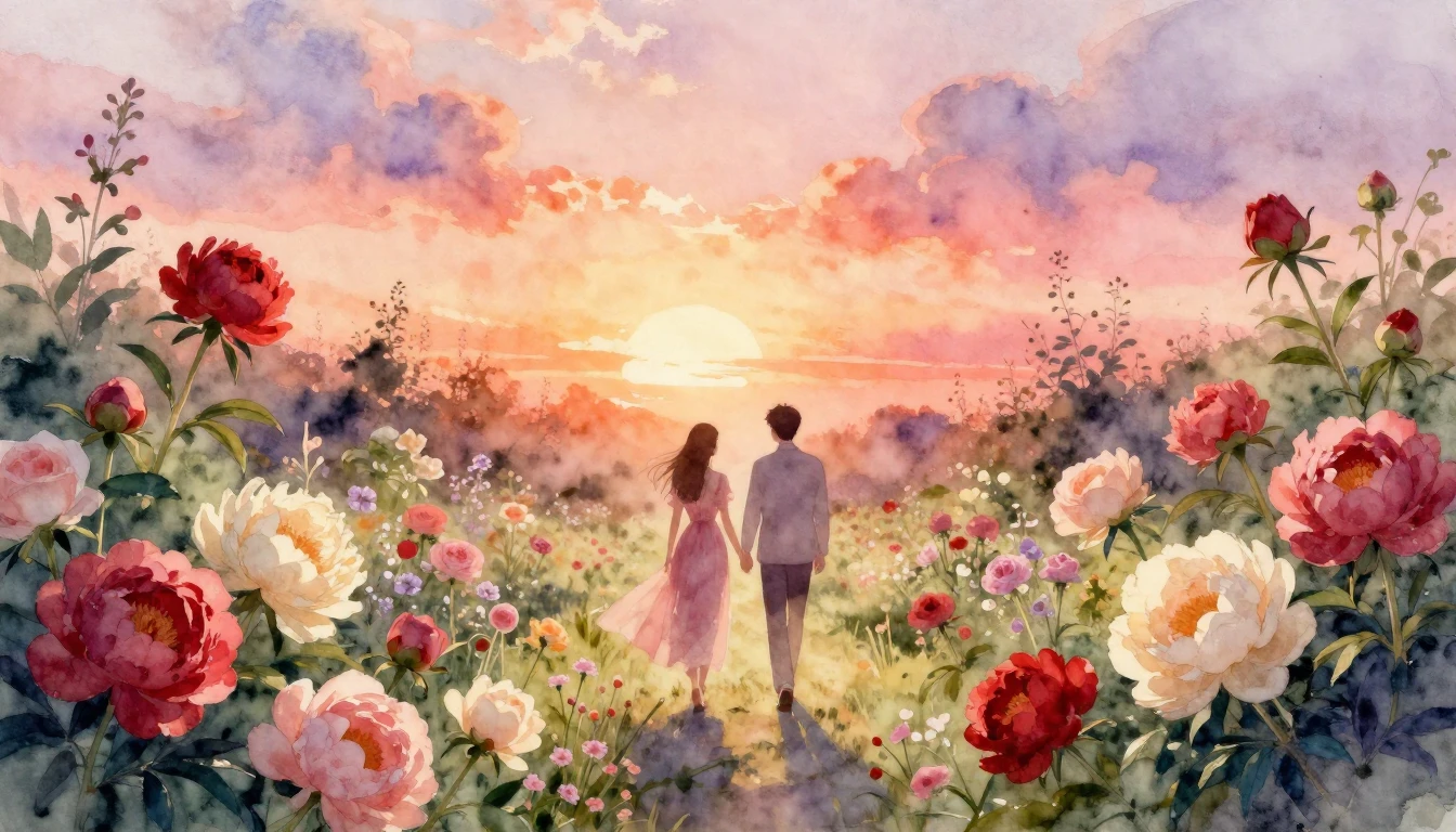 A dreamy and romantic watercolor painting of a lush, bloomin...