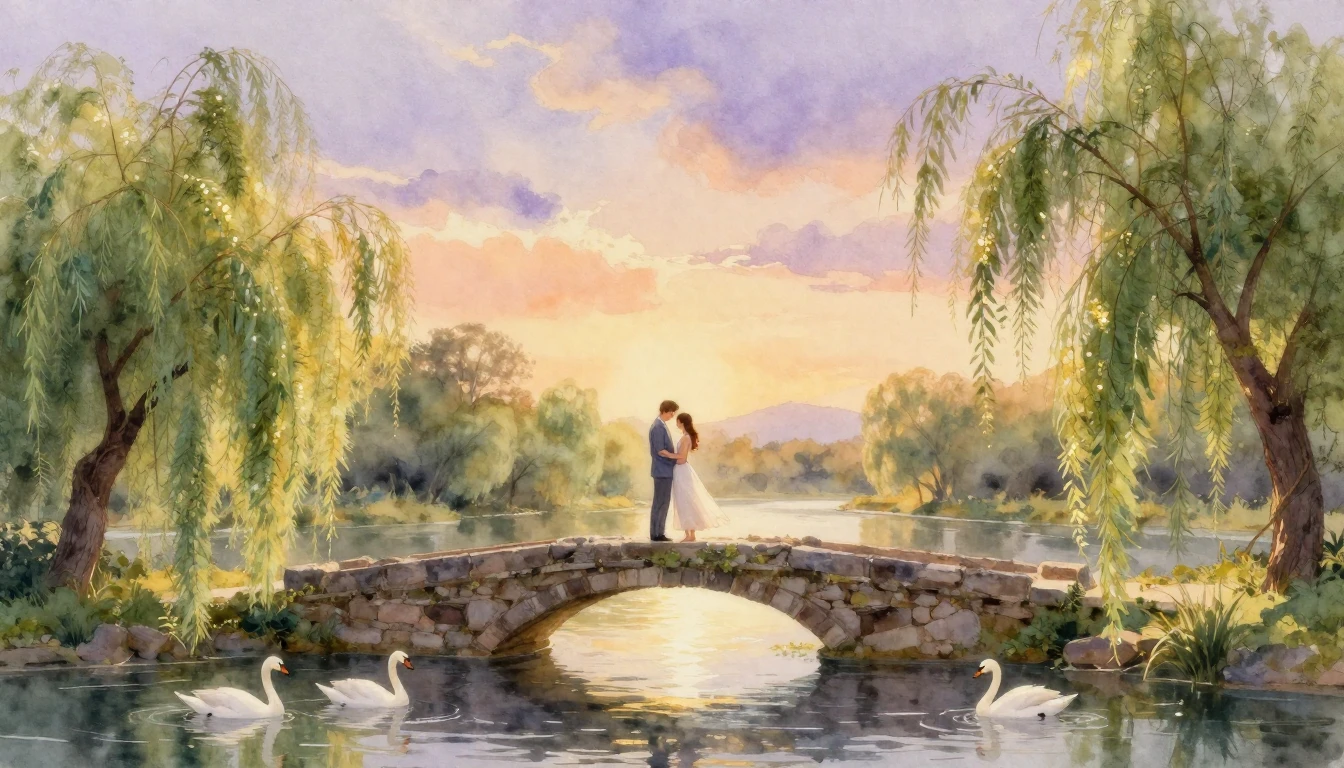 An enchanting watercolor painting depicting a romantic coupl...
