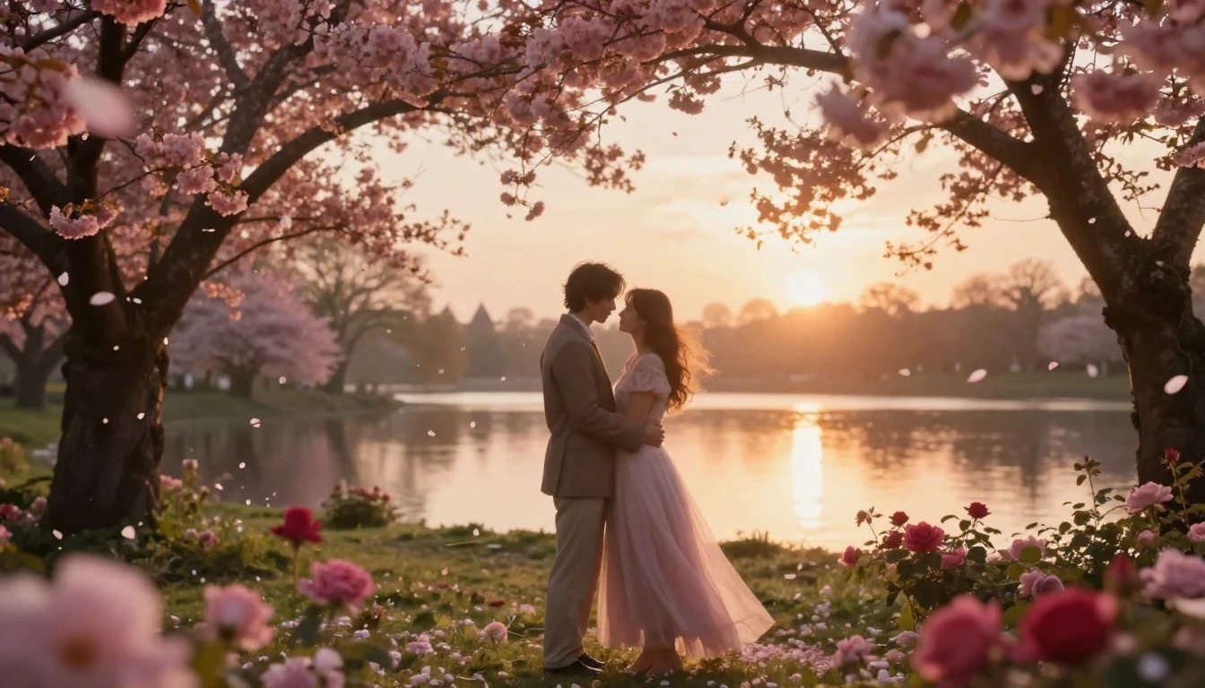 A romantic and dreamy scene of two figures standing together...