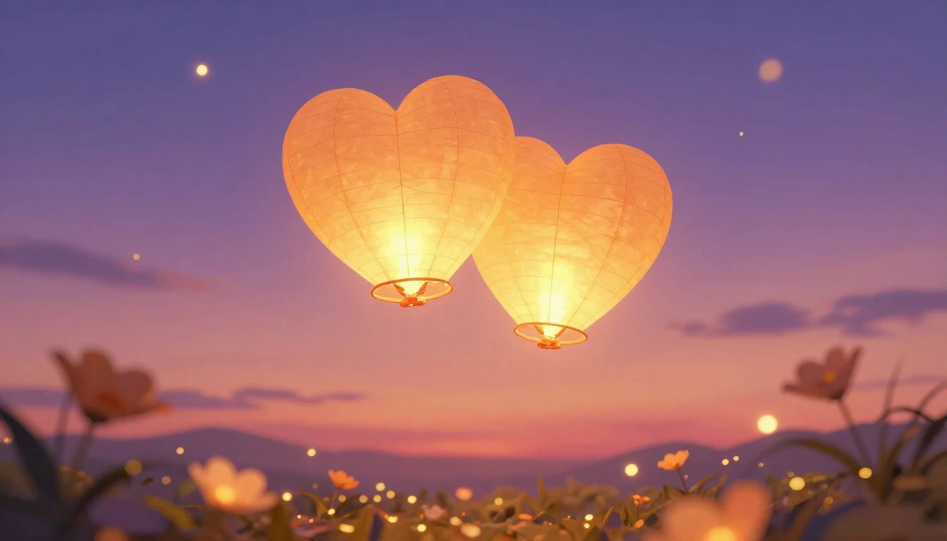 A whimsical and romantic scene featuring two glowing paper l...