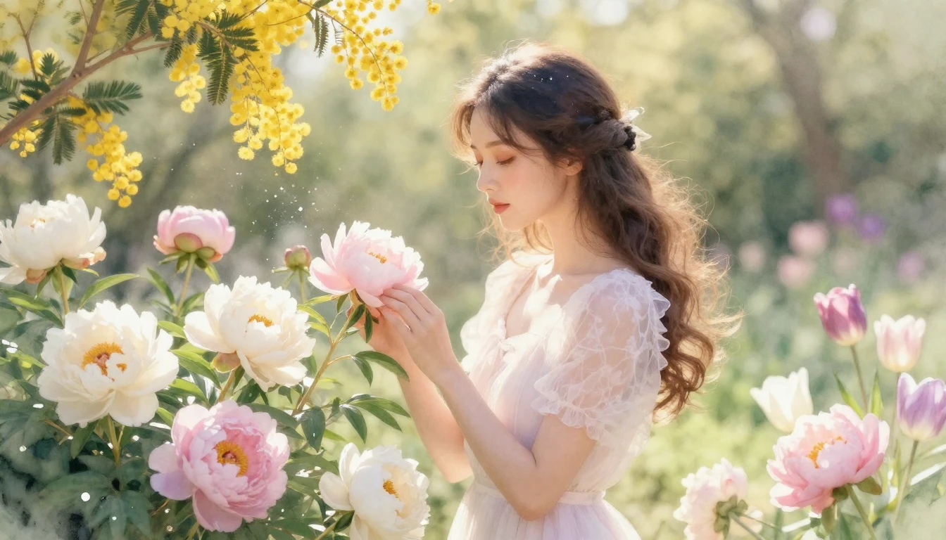 A tender and romantic scene featuring a graceful woman surro...