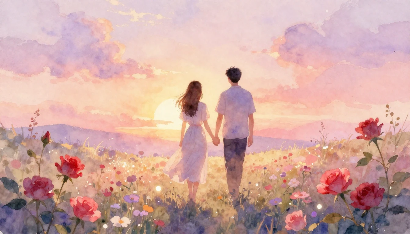 A soft and romantic watercolor painting depicting a couple h...