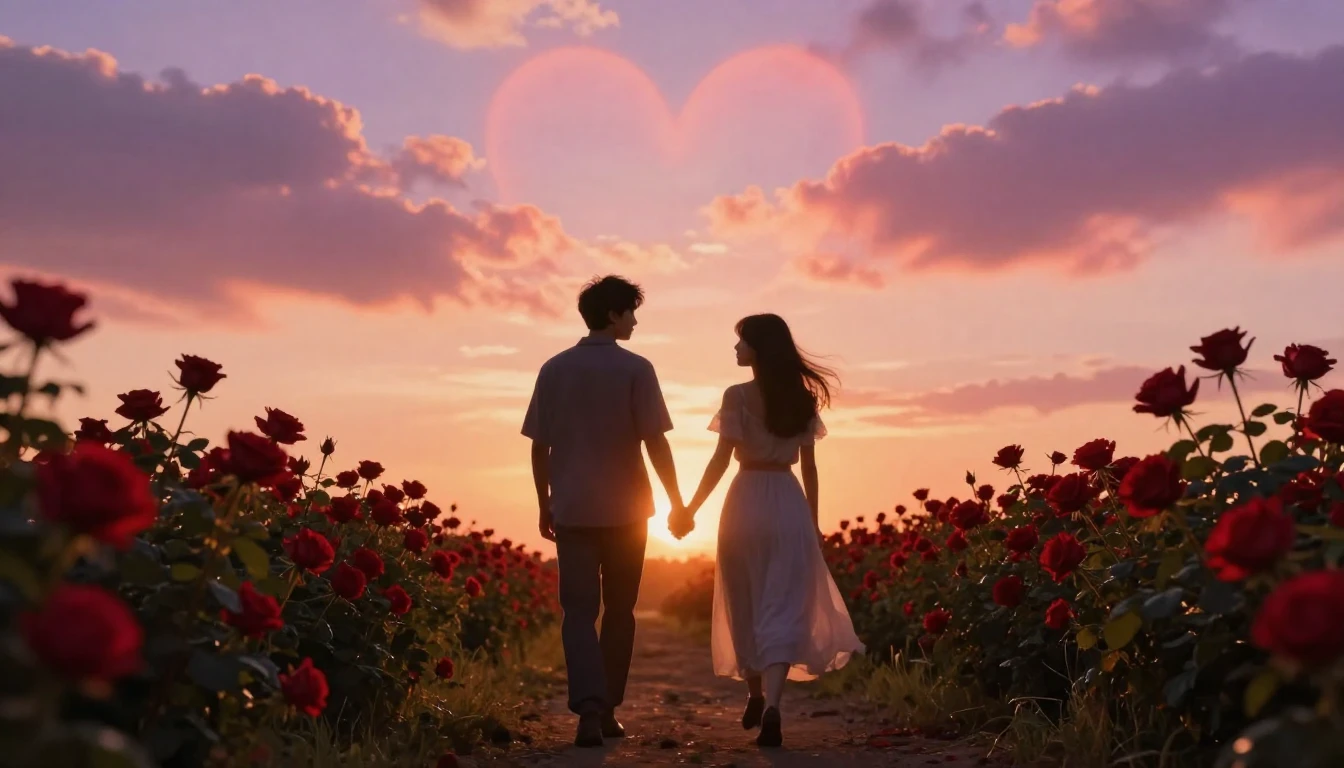 A soft and dreamy romantic scene featuring two silhouettes h...