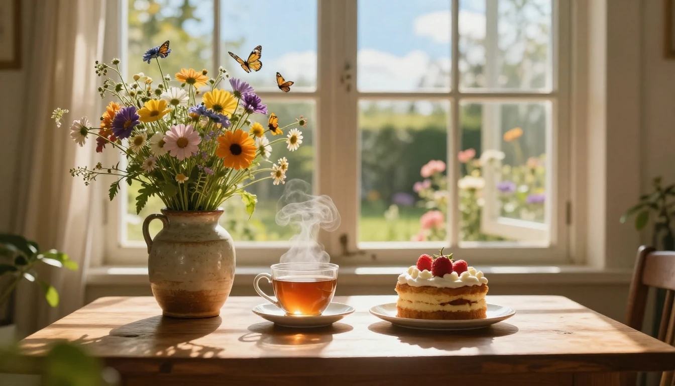 A serene and heartwarming scene featuring a cozy wooden tabl...