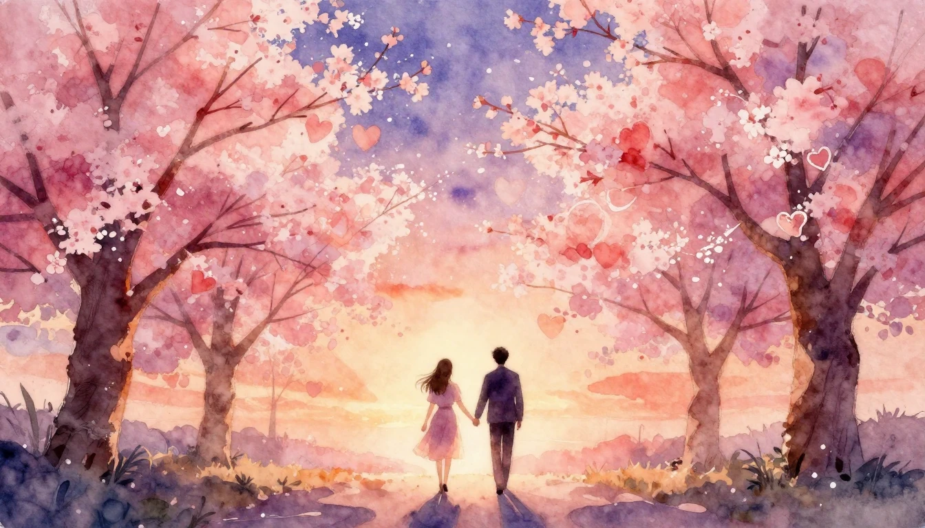 A dreamy and romantic watercolor painting depicting two silh...