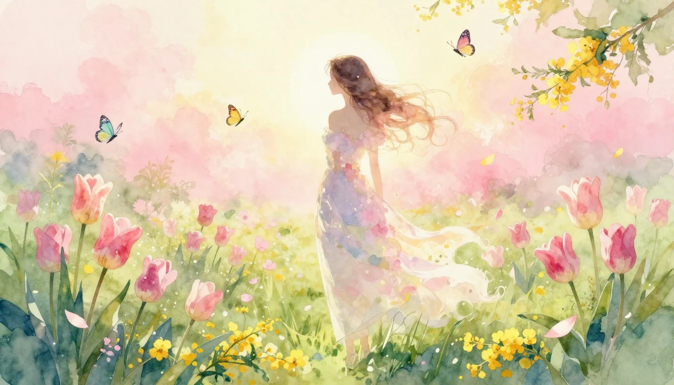A dreamy and romantic watercolor painting depicting the esse...