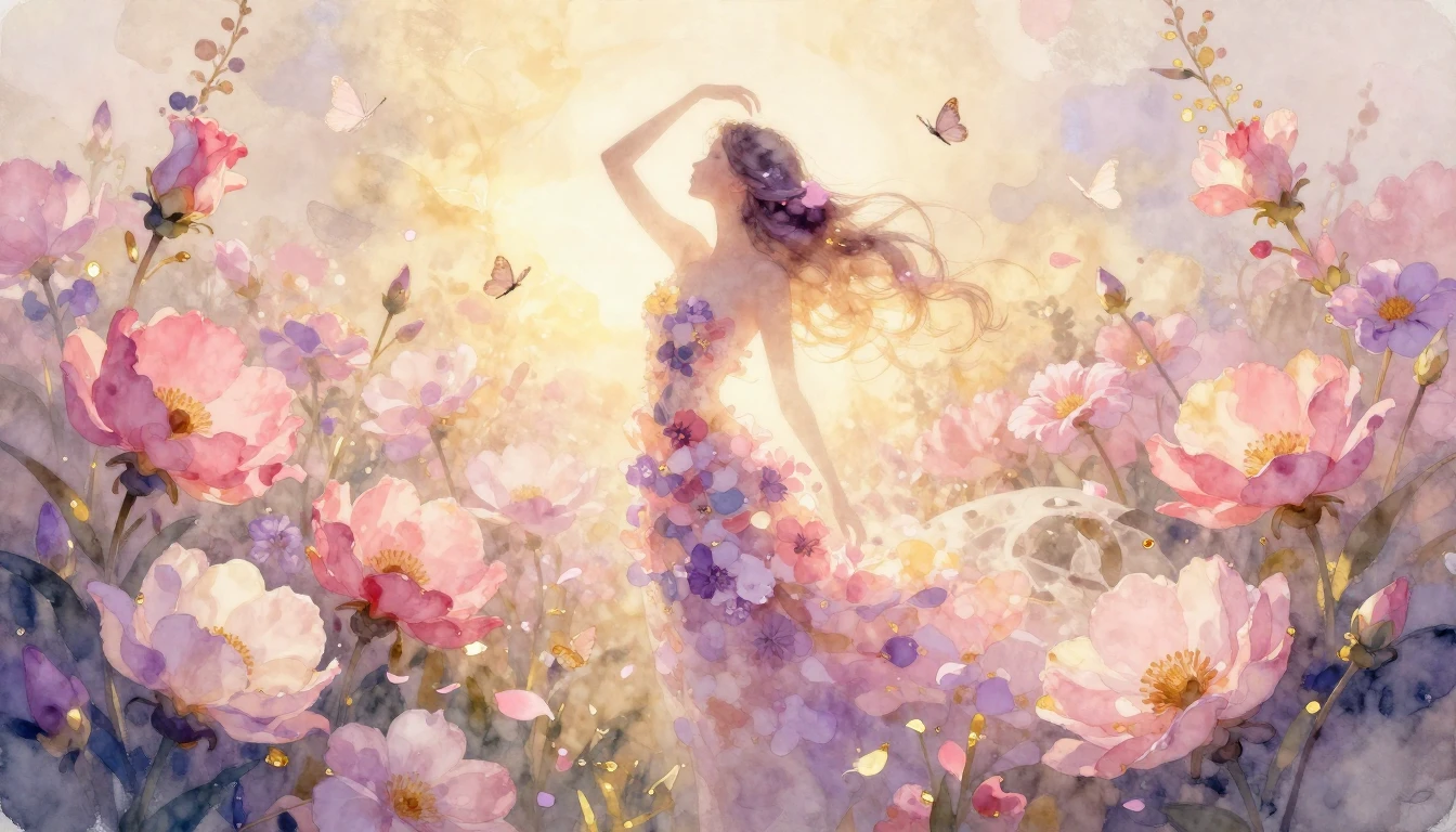 A soft and ethereal watercolor painting depicting a blooming...