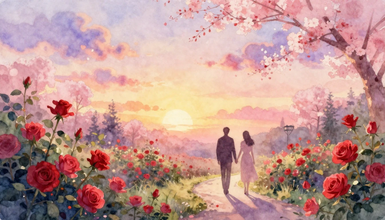 A soft and dreamy watercolor painting depicting a romantic s...