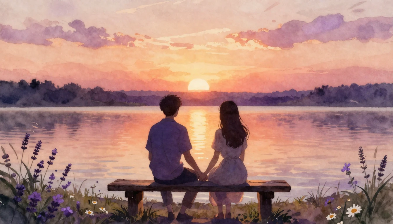 A romantic and intimate scene at sunset by a calm lake. Two ...