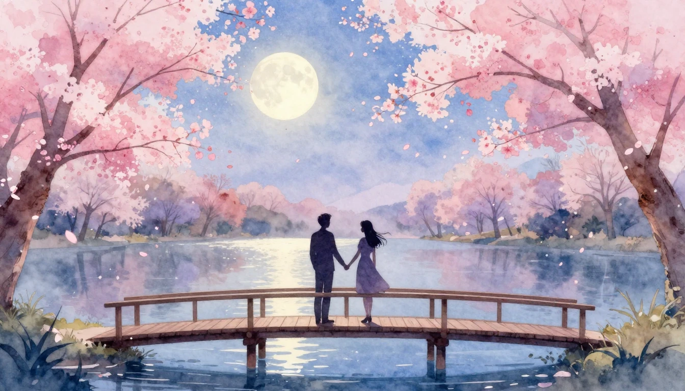 A romantic and dreamy watercolor illustration depicting two ...