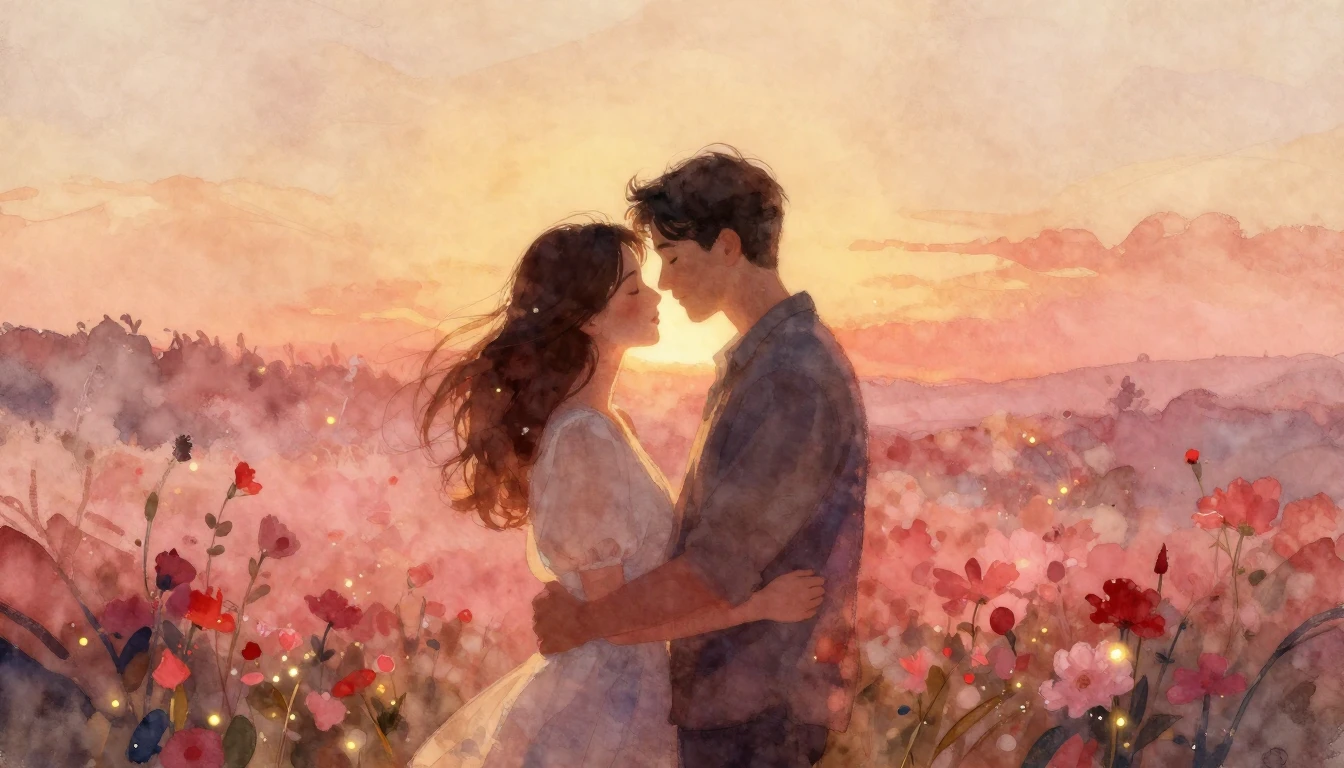 A dreamy and romantic watercolor painting depicting a couple...