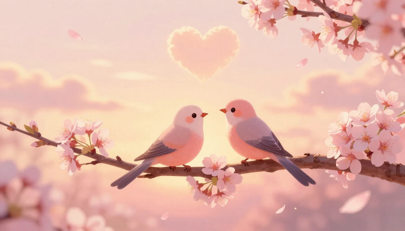 A romantic and dreamy composition featuring two stylized bir...