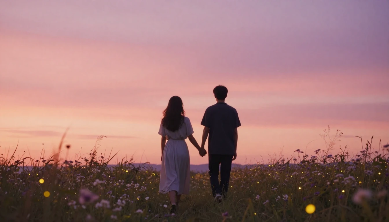 An ethereal and romantic scene of two people holding hands, ...