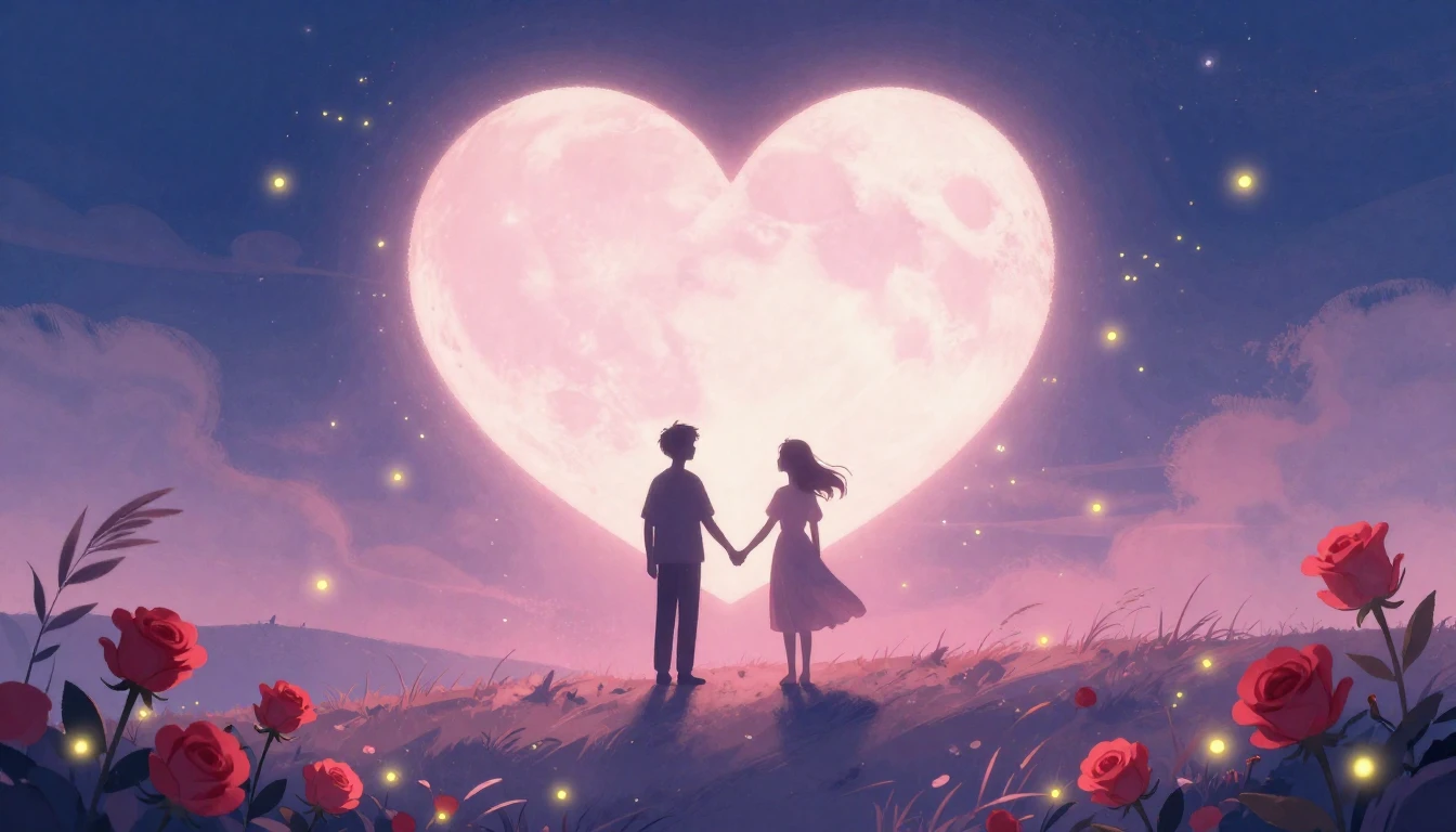 A warm and whimsical illustration depicting two silhouetted ...