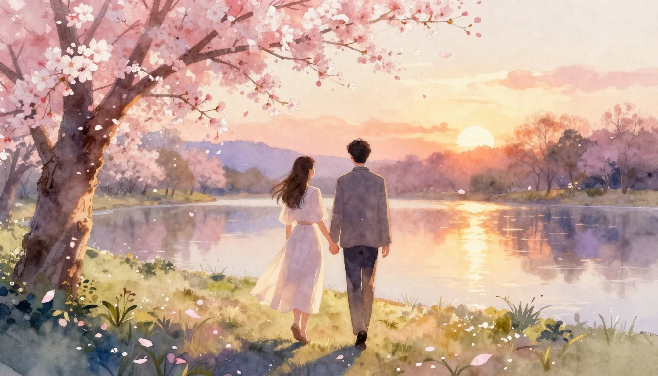 A dreamy and romantic watercolor painting of two people walk...