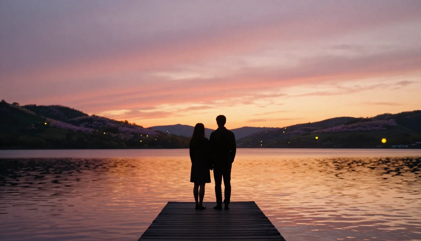 A whimsical and romantic scene featuring two silhouettes sta...