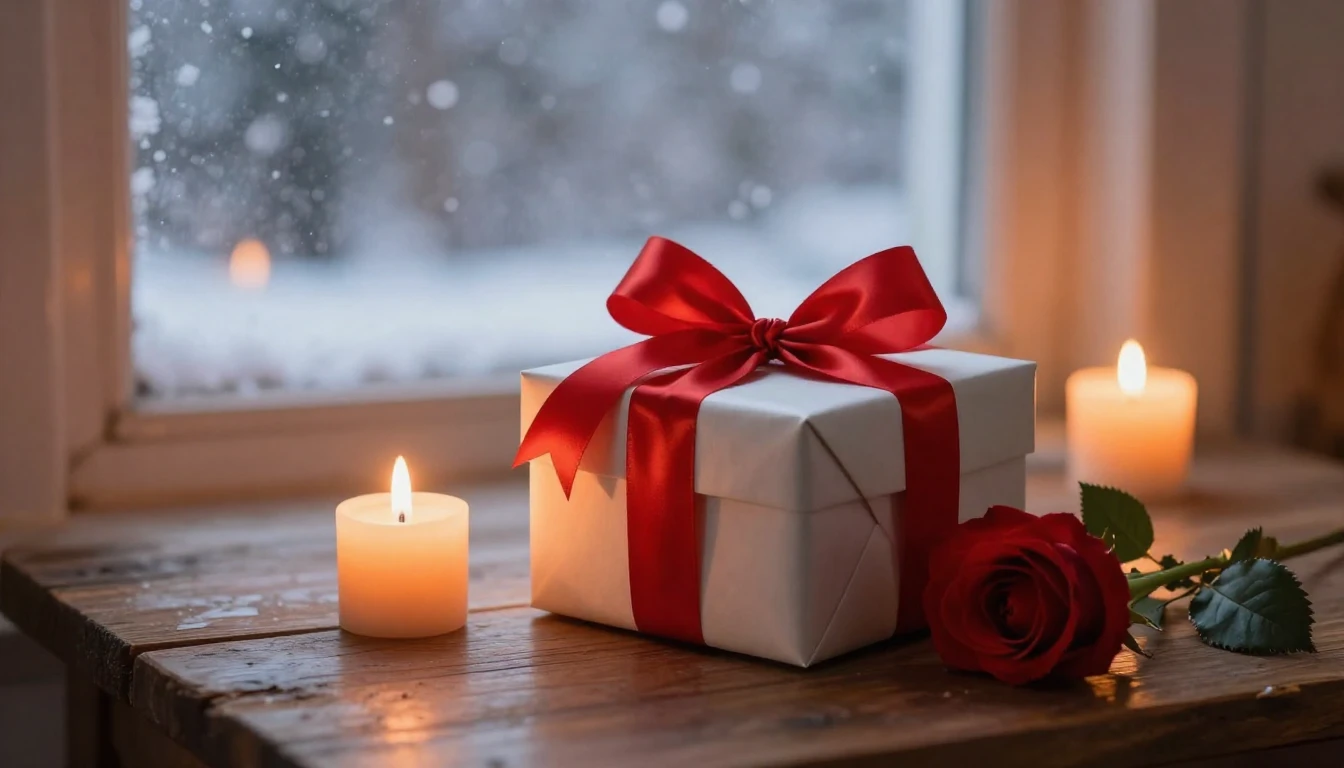 A beautifully wrapped Valentine's gift box tied with a silky...