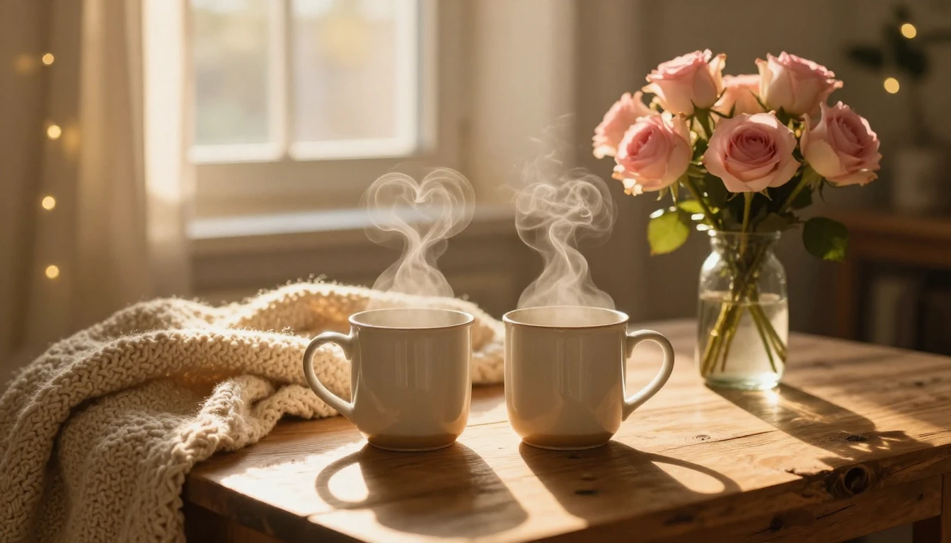 A cozy and romantic indoor setting during the golden hour. T...