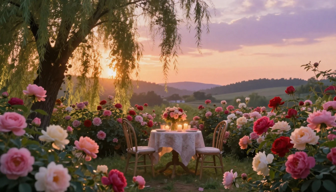 A dreamy and romantic garden scene at sunset, featuring a so...