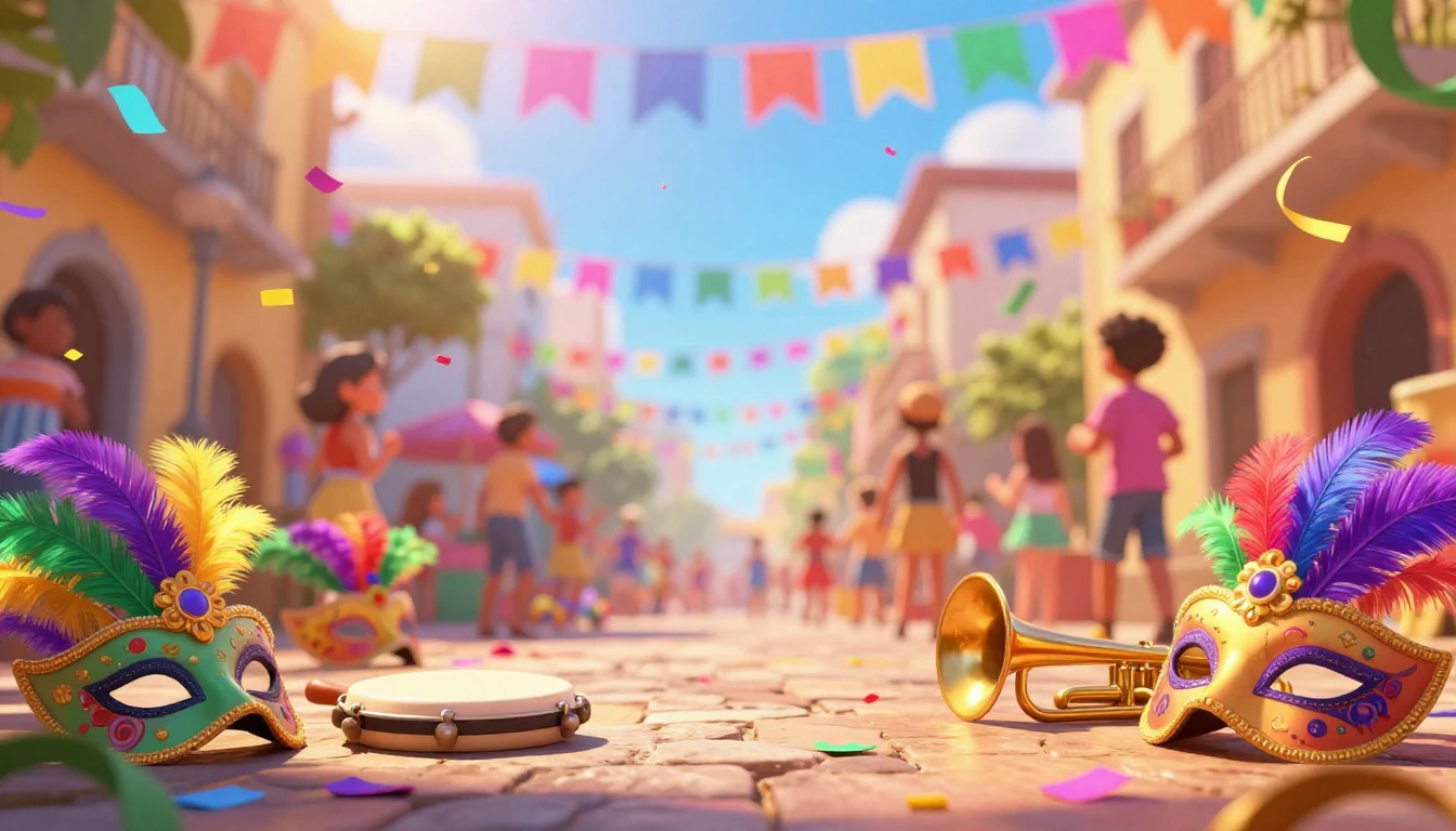 A vibrant and joyful Carnival street scene in a high-quality...