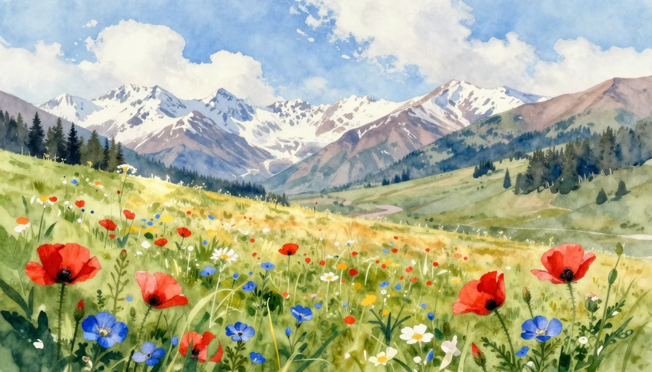 A beautiful watercolor painting of a lush, sun-drenched moun...