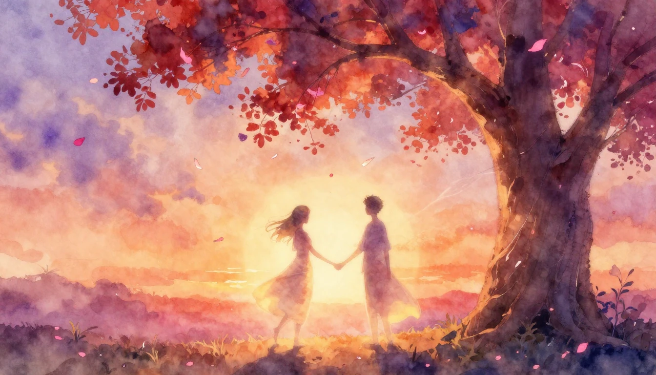 A soft and dreamy watercolor painting depicting two glowing,...