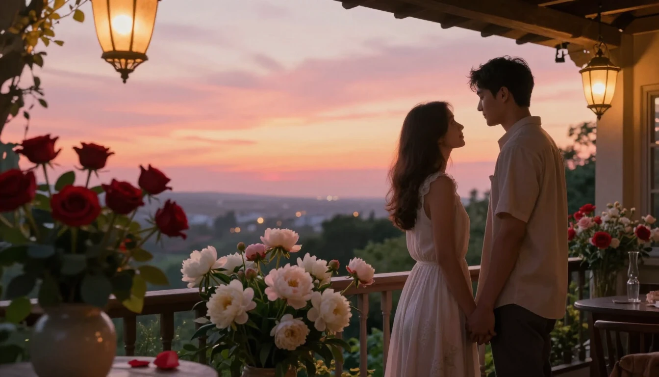 A romantic and intimate scene of a couple standing on a balc...