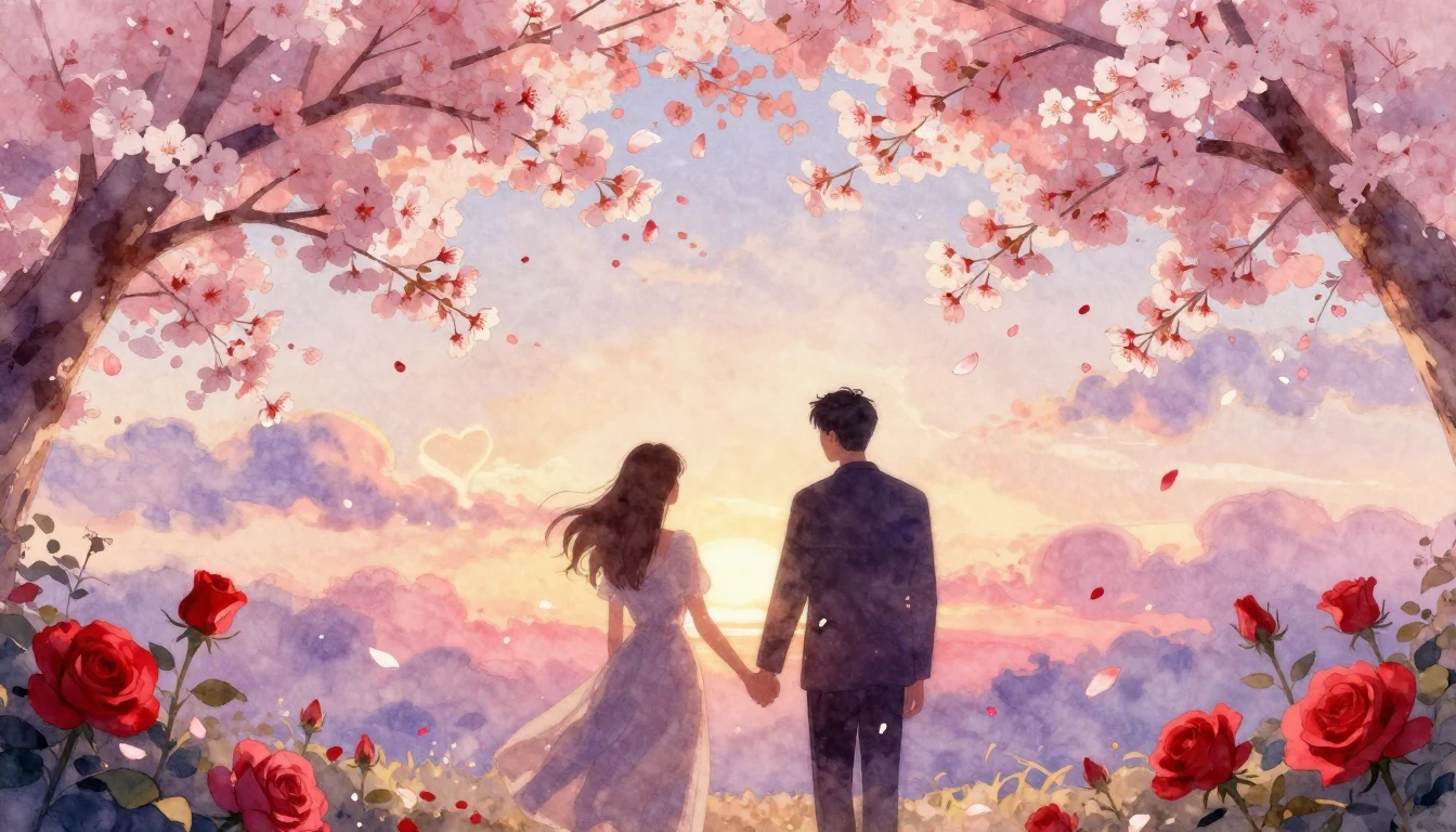 A romantic and dreamy watercolor painting featuring two silh...