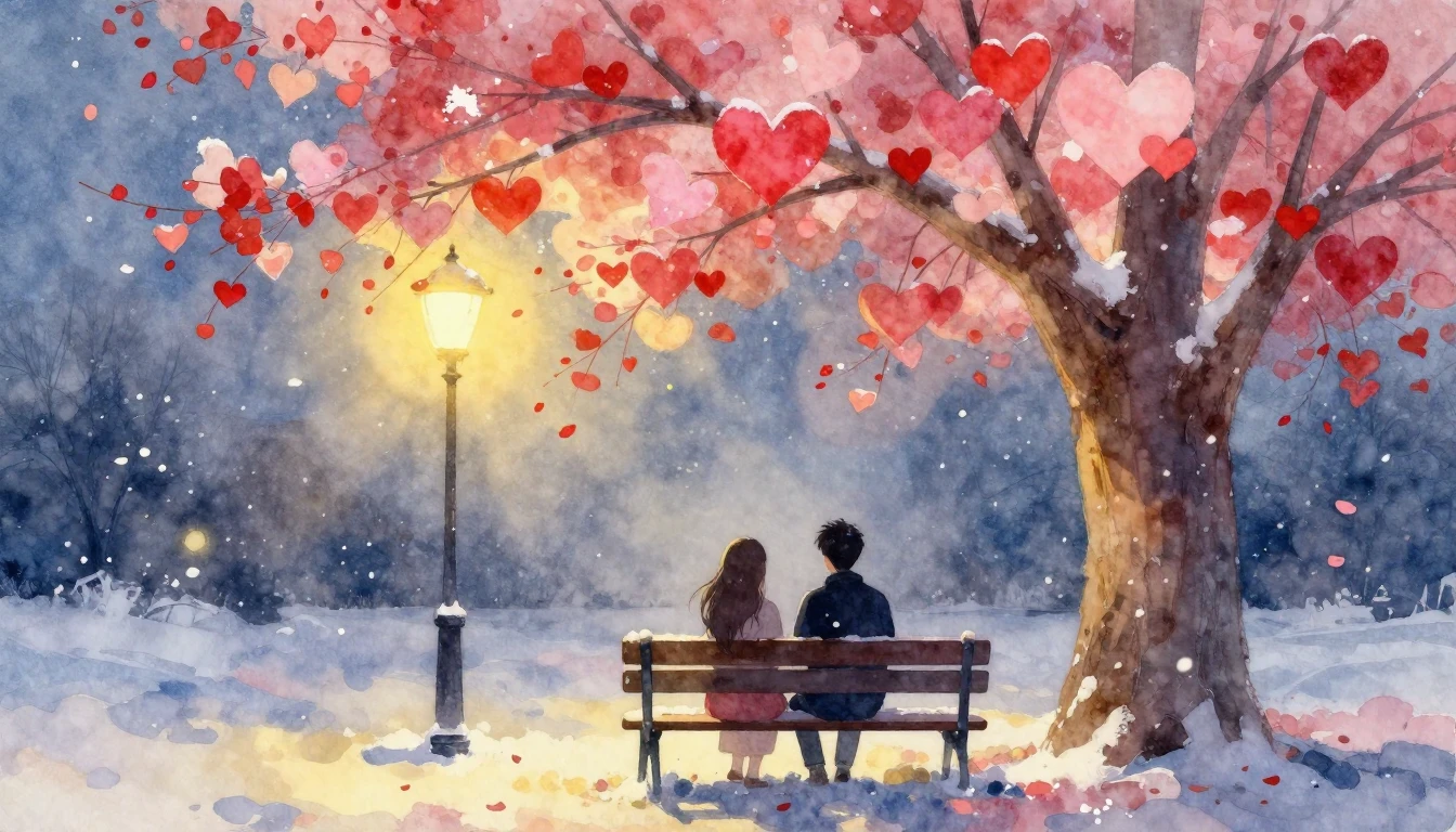 A romantic watercolor painting depicting two silhouetted fig...