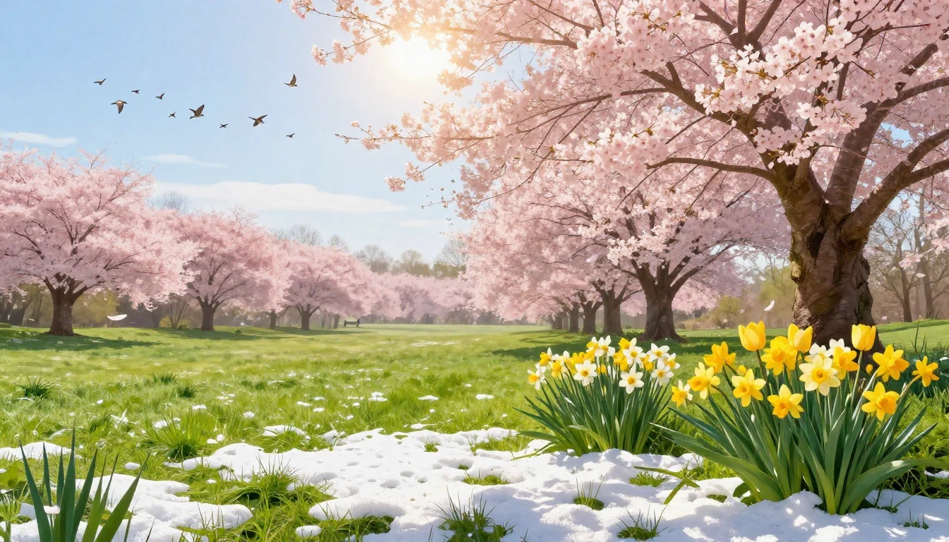 A beautiful spring landscape coming to life. Melting snow re...